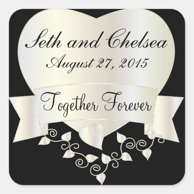 Wedding Day White Gold Heart | Personalize Square Sticker (Front)