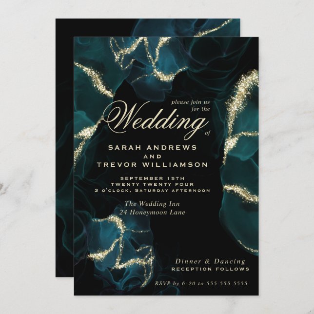 Wedding |  Deep Teal Abstract Alcohol Ink Invitation (Front/Back)