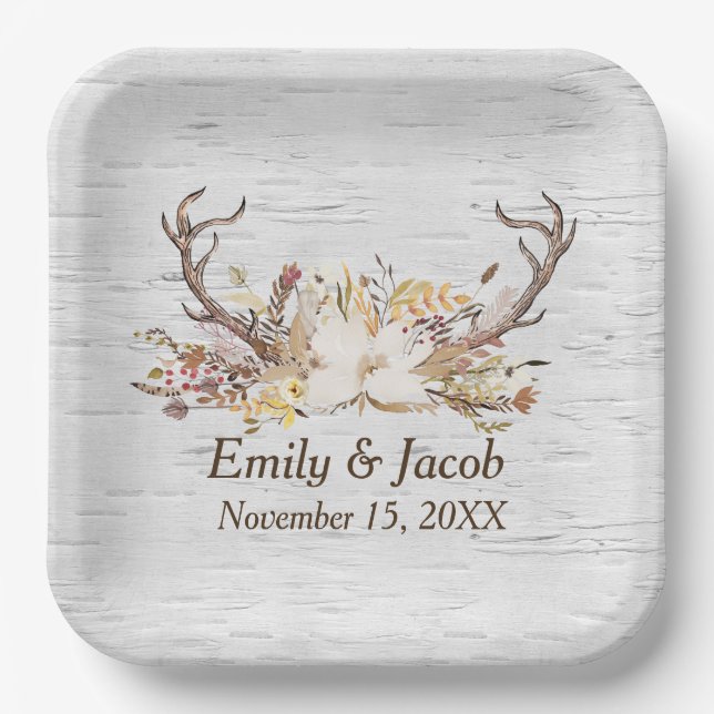Wedding Deer Antlers on Birch Paper Plate (Front)