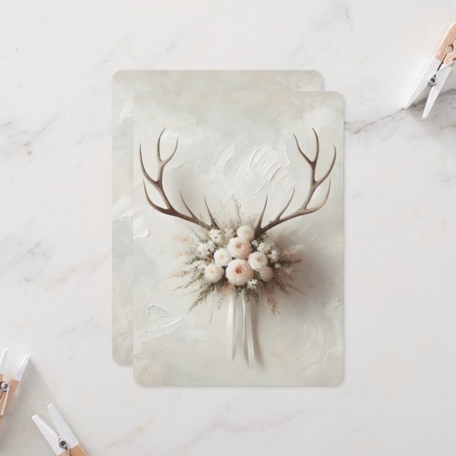 Wedding Deer Antlers With Bridal Bouquet Invitation (Front/Back In Situ)