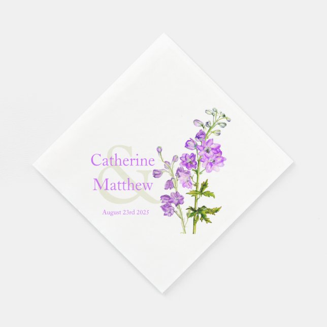 Wedding delphinium purple watercolor paper napkin (Corner)