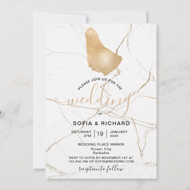 Wedding Destination Barbados Tropical Gold Map Inv Invitation (Front)