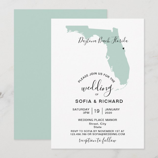 Wedding Destination Florida Map Removable Heart Invitation (Front/Back)