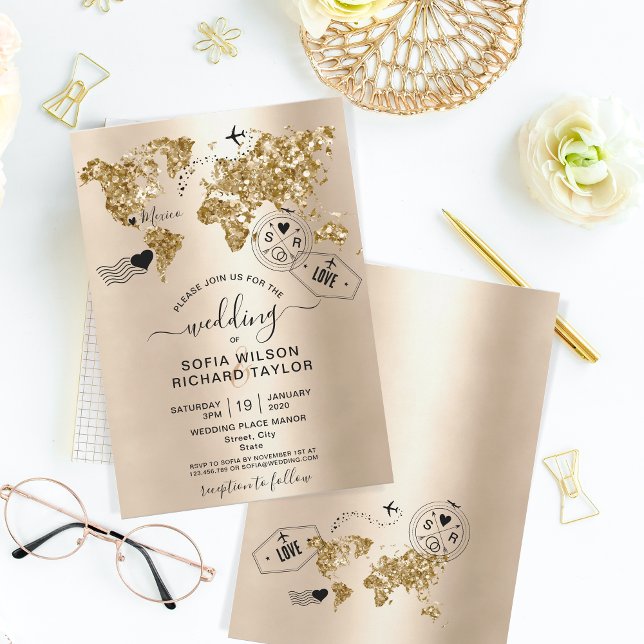 Wedding Destination Glitter Gold World Map Invitation (Creator Uploaded)
