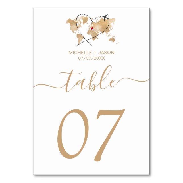 Wedding Destination Gold World Map and Heart Table Number (Front)