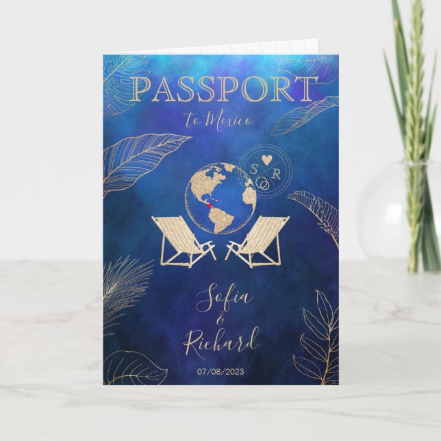 Wedding Destination Mexico Passport Gold World Map Invitation (Front)