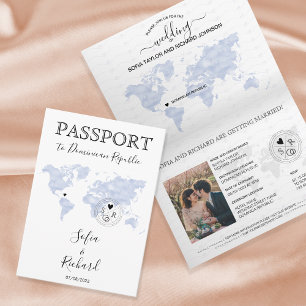 Wedding Destination Passport Blue World Map Blue Invitation