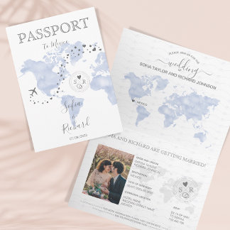 Wedding Destination Passport Blue World Map Blue Invitation
