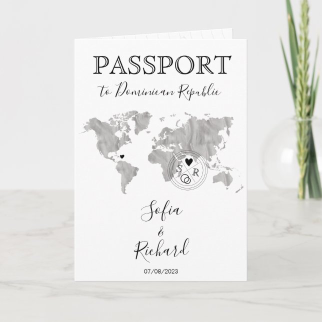 Wedding Destination Passport Blue World Map Grey Invitation (Front)