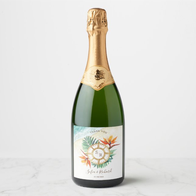 Wedding Destination Passport Compass Thank You Sparkling Wine Label (Front)