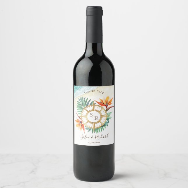 Wedding Destination Passport Compass Thank You Wine Label (Front)