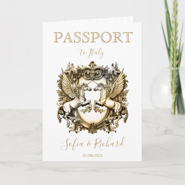 Wedding Destination Passport Gold Crest Invitation (Front)