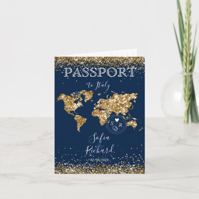 Wedding Destination Passport Gold World Map Blue I Invitation (Front)