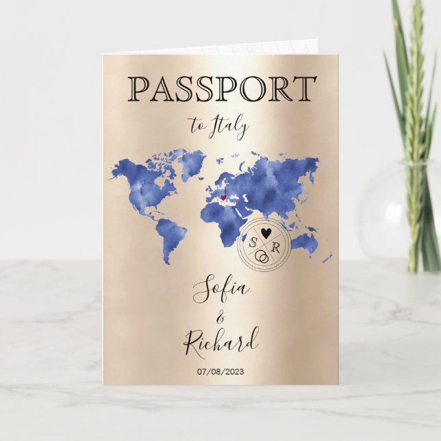 Wedding Destination Passport Gold World Map Blue I Invitation (Front)