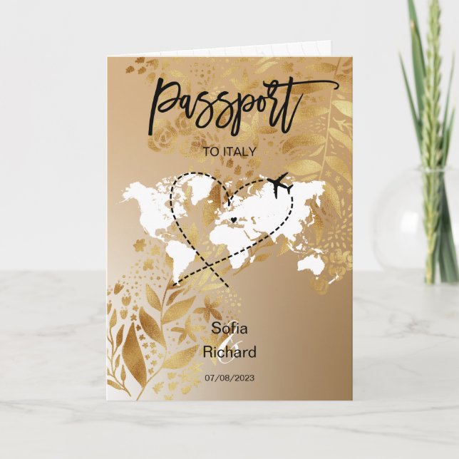 Wedding Destination Passport Gold World Map Floral Invitation (Front)