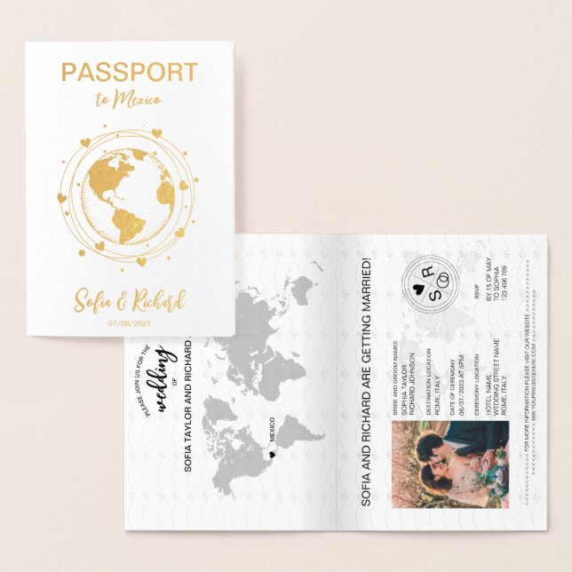 Wedding Destination Passport Gold World Map Heart Foil Card (Display)