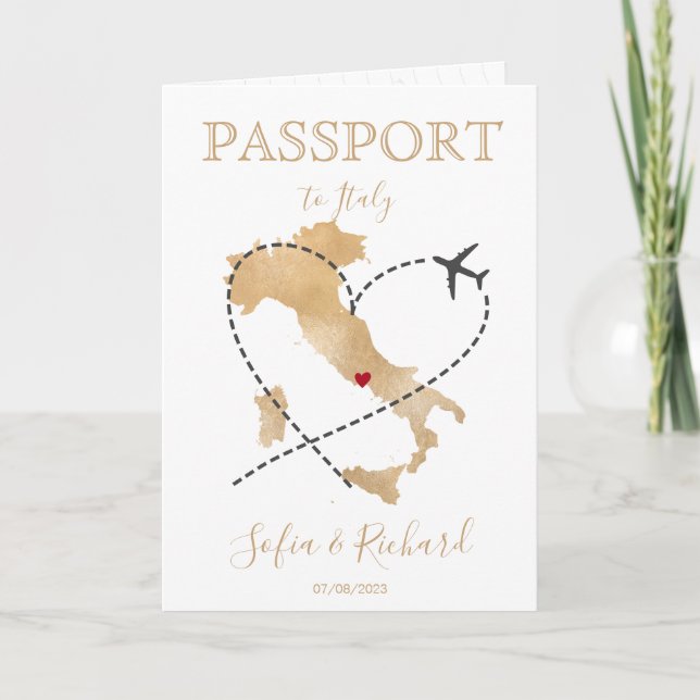 Wedding Destination Passport Gold World Map Italy Invitation (Front)