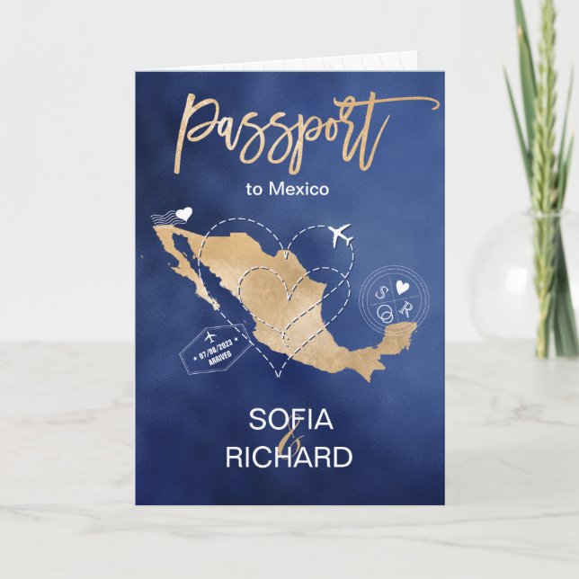 Wedding Destination Passport Gold World Map Mexico Invitation (Front)