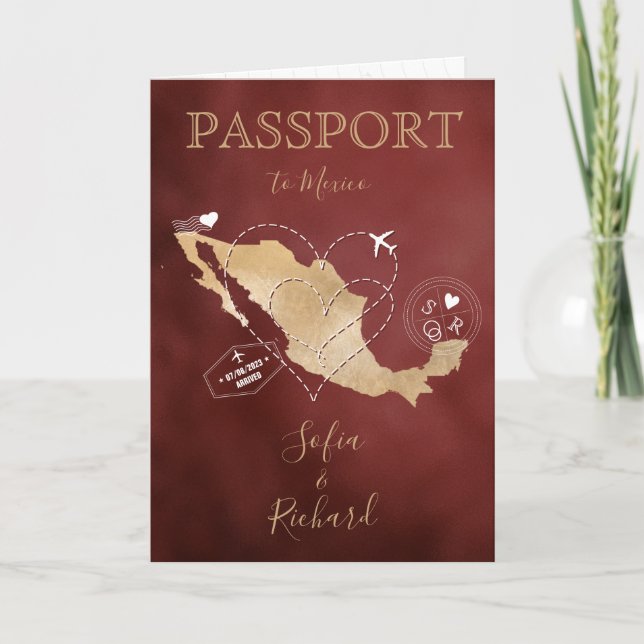Wedding Destination Passport Gold World Map Mexico Invitation (Front)