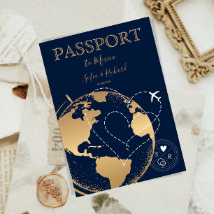 Wedding Destination Passport Gold World Map Plane  Invitation