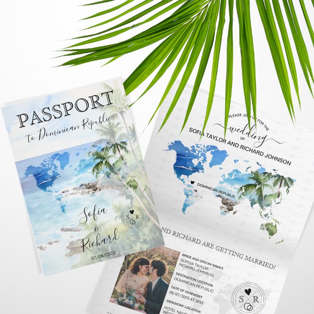 Wedding Destination Passport Green World Map Palm  Invitation (Creator Uploaded)