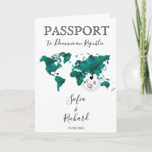Wedding Destination Passport Green World Map Peach Invitation