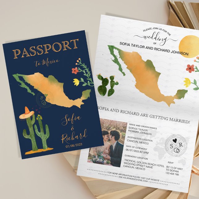 Wedding Destination Passport Mexico Map Watercolor Invitation (Creator Uploaded)