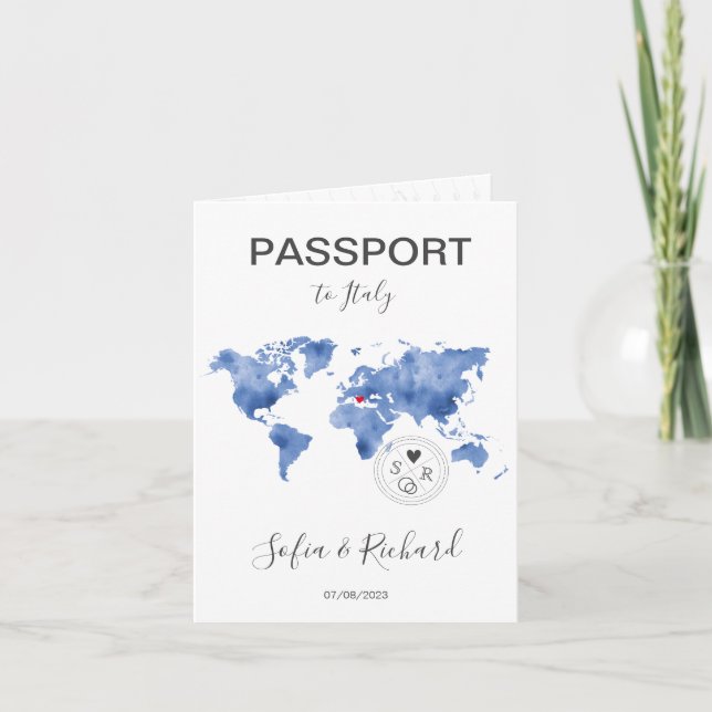 Wedding Destination Passport Watercolor World Map Invitation (Front)