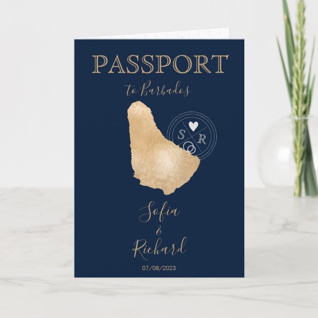 Wedding Destination Passport World Map Barbados In Invitation (Front)