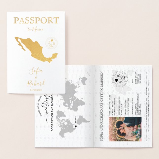 Wedding Destination Passport World Map Mexico Foil Card (Display)