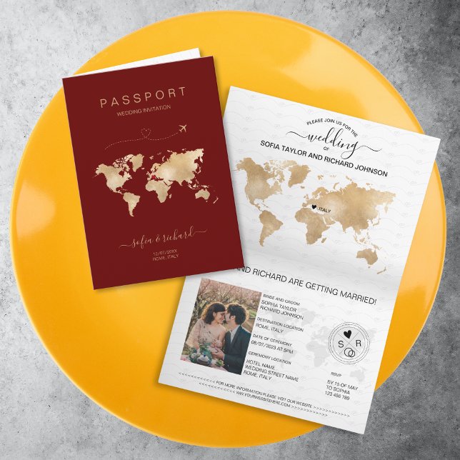 Wedding Destination Passport World Map Modern Invi Invitation (burgundy passport wedding invitation with golden world map)