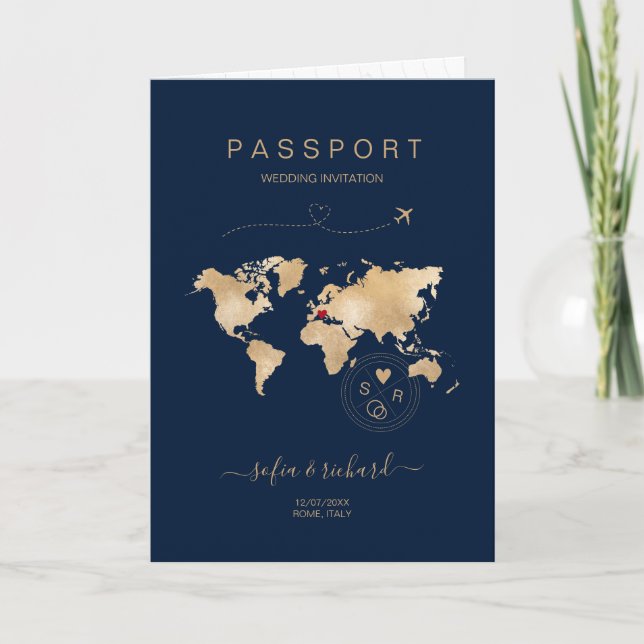 Wedding Destination Passport World Map Modern Invi Invitation (Front)