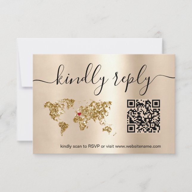 Wedding Destination Passport World Map QR Code RSVP Card (Front)