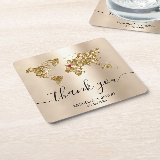 Wedding Destination Passport World Map Thank You Square Paper Coaster (Angled)