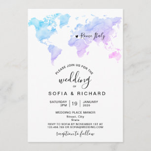 Wedding Destination Watercolor World Map Heart Invitation