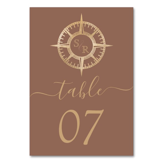 Wedding Destination World Map Compass Monogram Table Number (Front)