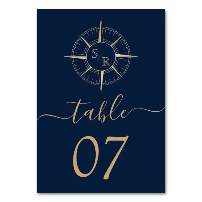 Wedding Destination World Map Compass Monogram Table Number (Front)