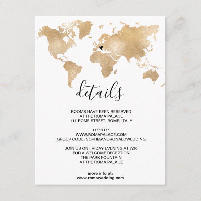 Wedding Destination World Map Gold Removable Heart Enclosure Card (Front)