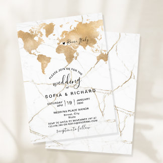 Wedding Destination World Map Gold Removable Heart Invitation