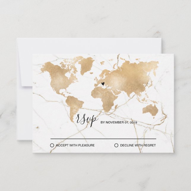 Wedding Destination World Map Gold Removable Heart RSVP Card (Front)