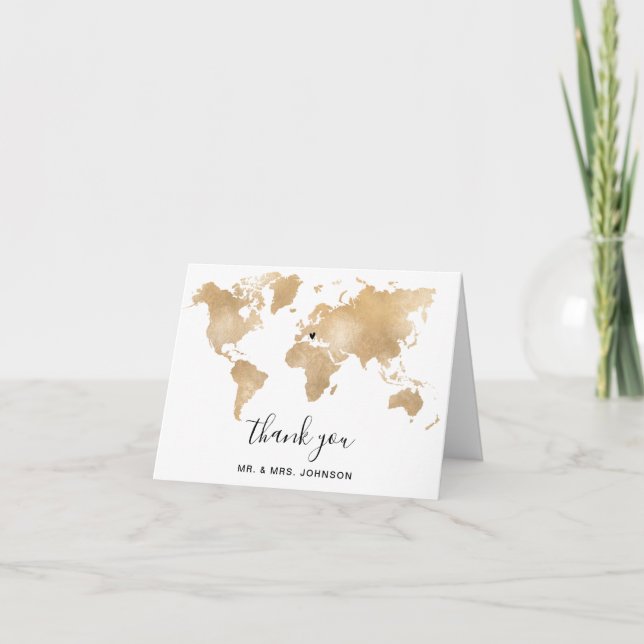 Wedding Destination World Map Gold Removable Heart Thank You Card (Front)