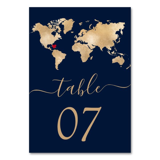 Wedding Destination World Map Heart Navy Table Number (Back)