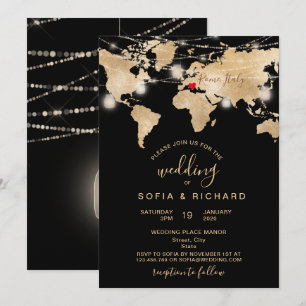 Wedding Destination World Map Light Jar and Heart Invitation