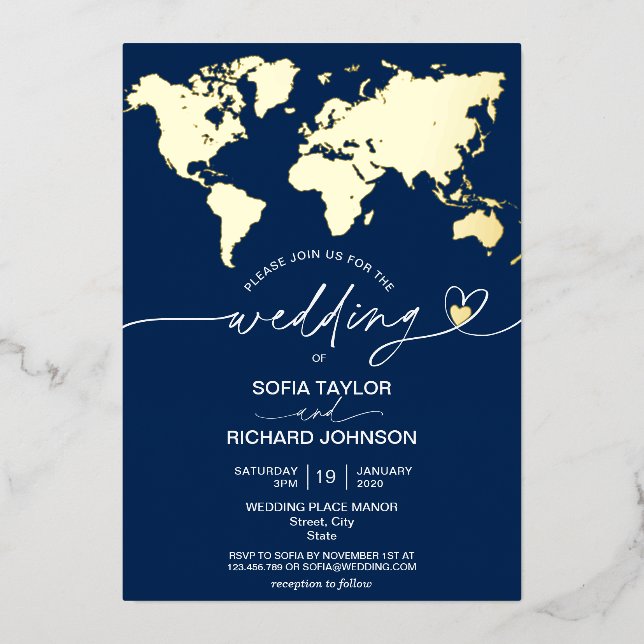 Wedding Destination World Map Typography Gold Foil (Front)