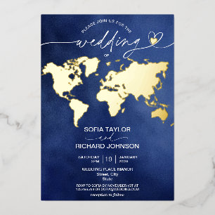 Wedding Destination World Map Typography Gold Navy