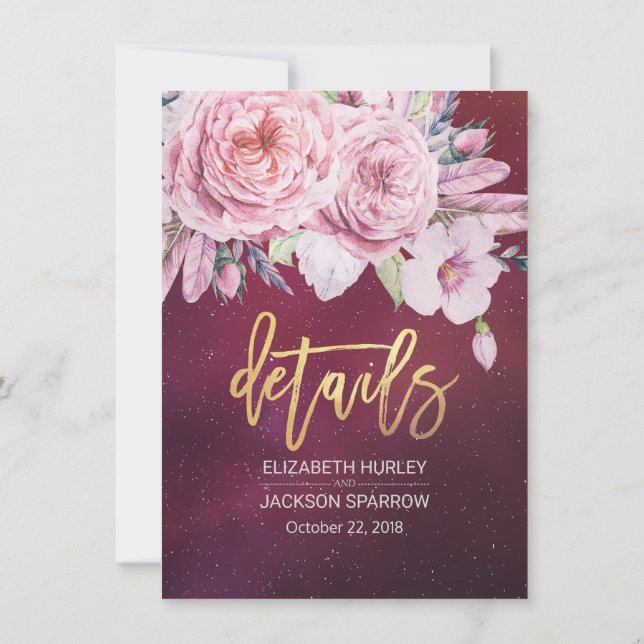 Wedding Detail Floral String Lights Burgundy Red Invitation (Back)