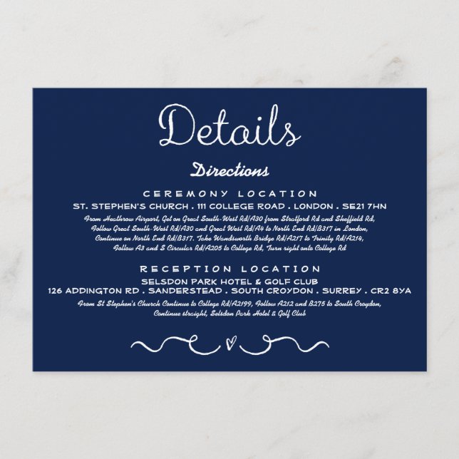 Wedding Detail Insert Card | Modern Navy Blue (Front)