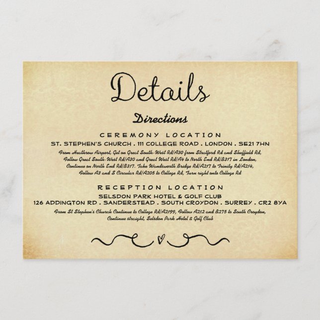 Wedding Detail Insert Card | Vintage Antique (Front)