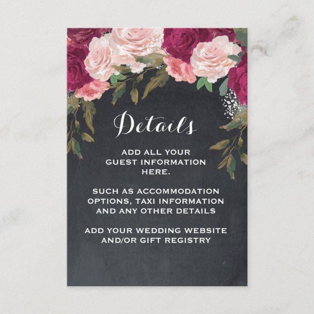 Wedding details and information card pink burgundy (Front)
