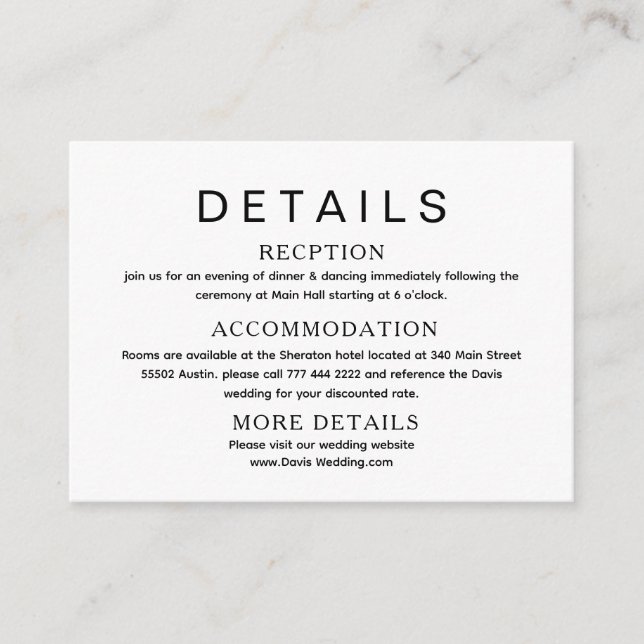 Wedding details black &  white website card (Front)